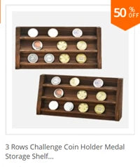 4-Row Wooden Challenge Coin Display Stand – Showcase 12-16 Military Collectible Coins –