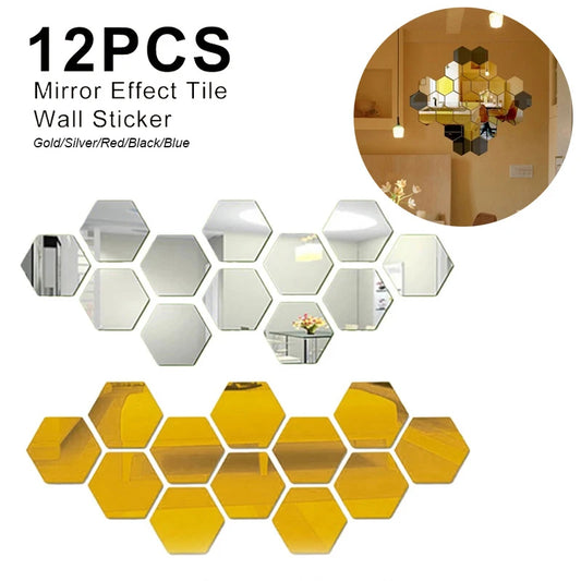 Enhanced 12-Piece 3D Hexagon Mirror Wall Stickers – Removable Acrylic Décor for Any Room