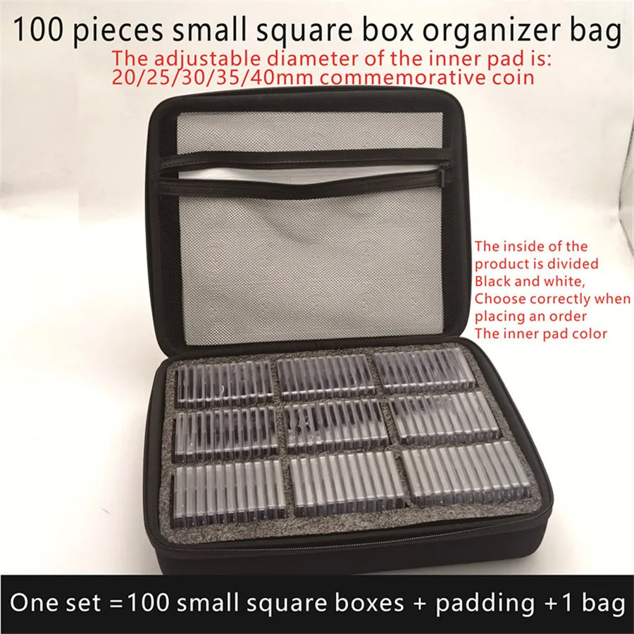 Black Zipper Bag with 100 Coin Capsules – Adjustable Inner Ring Collection Box