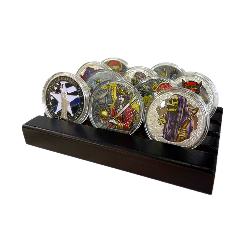 4-Row Wooden Challenge Coin Display Stand – Showcase 12-16 Military Collectible Coins –