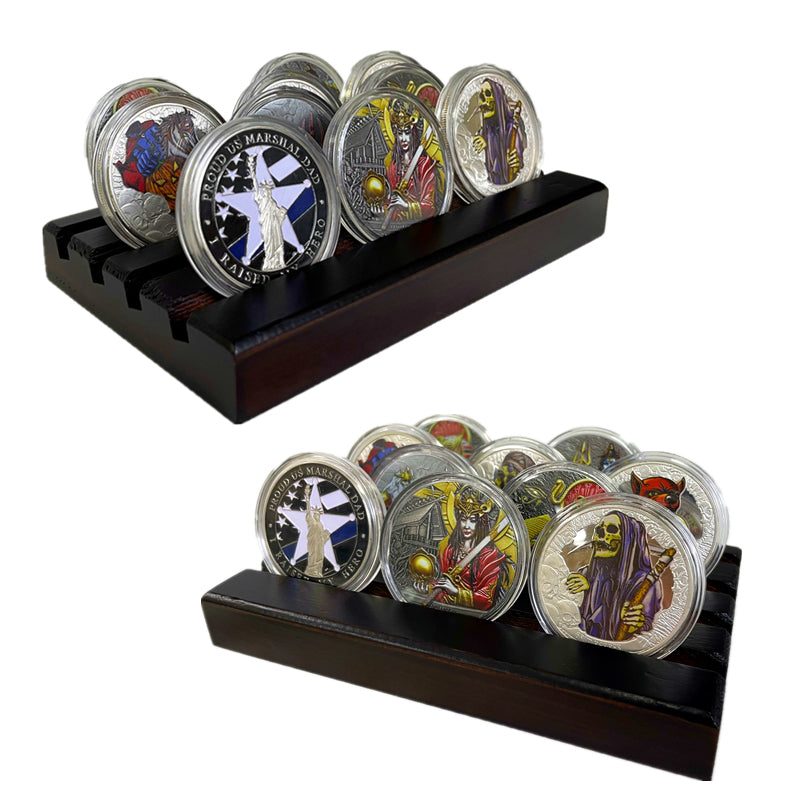 4-Row Wooden Challenge Coin Display Stand – Showcase 12-16 Military Collectible Coins –