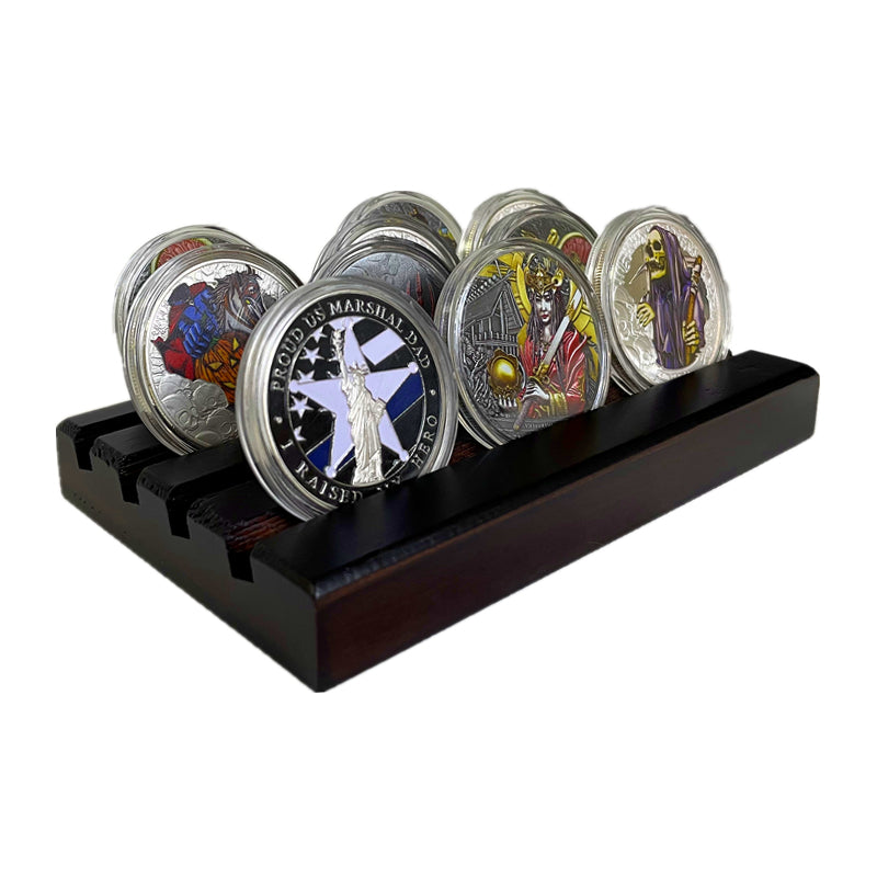 4-Row Wooden Challenge Coin Display Stand – Showcase 12-16 Military Collectible Coins –