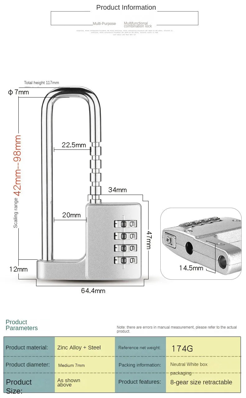 4-Digit U-Shaped Combination Padlock – Adjustable Security for Cabinets & Doors –