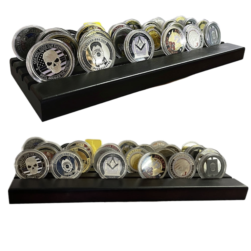 4-Row Wooden Challenge Coin Display Stand – Showcase 12-16 Military Collectible Coins –